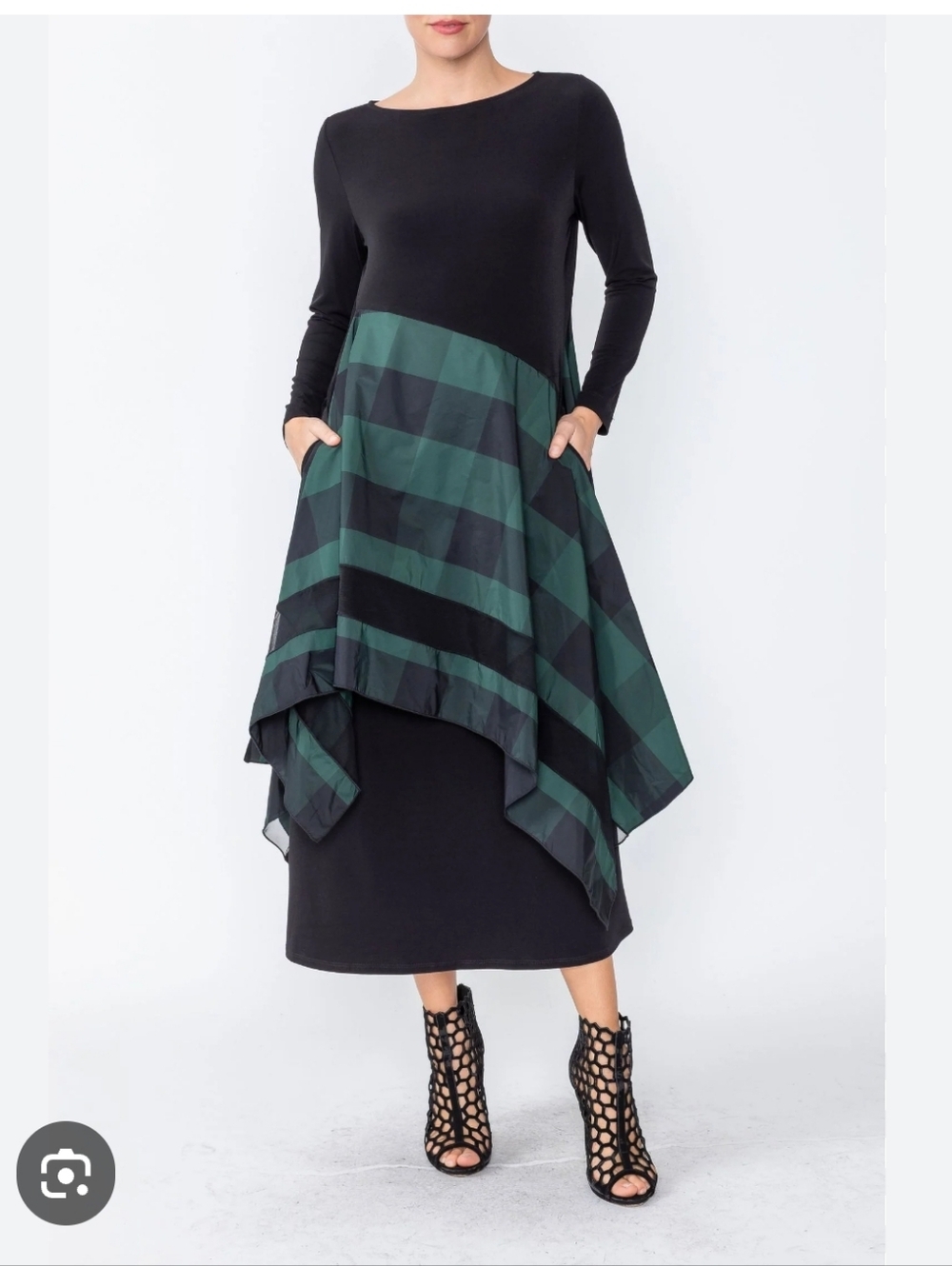 IC COLLECTION Hunter Green Boat Neck Asymmetrical Layer Mix Dress